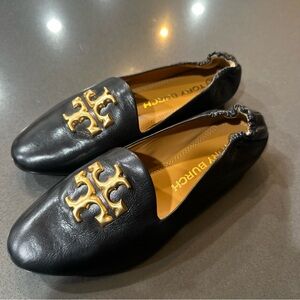 Tory Burch Reva Black Leather Ballet Flats Gold Logo Size 7 C